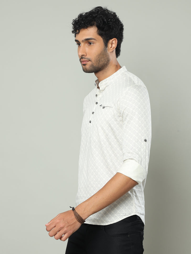 Shop Men's White Slim Fit Full Sleeve Printed Casual Kurta Shirt Online.