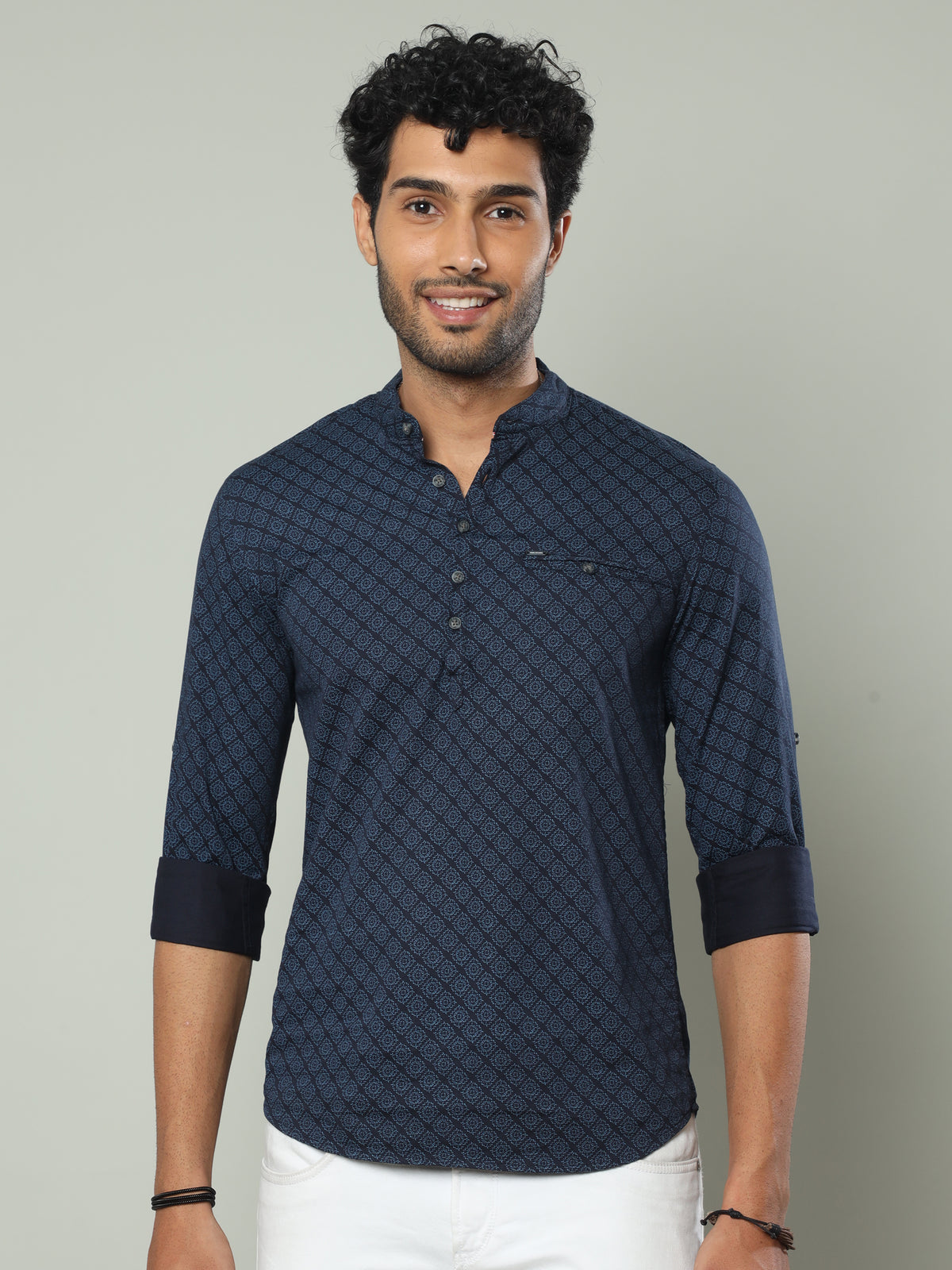 Shop Men's Blue Slim Fit Printed Full Sleeves Casual Kurta Shirts Online.