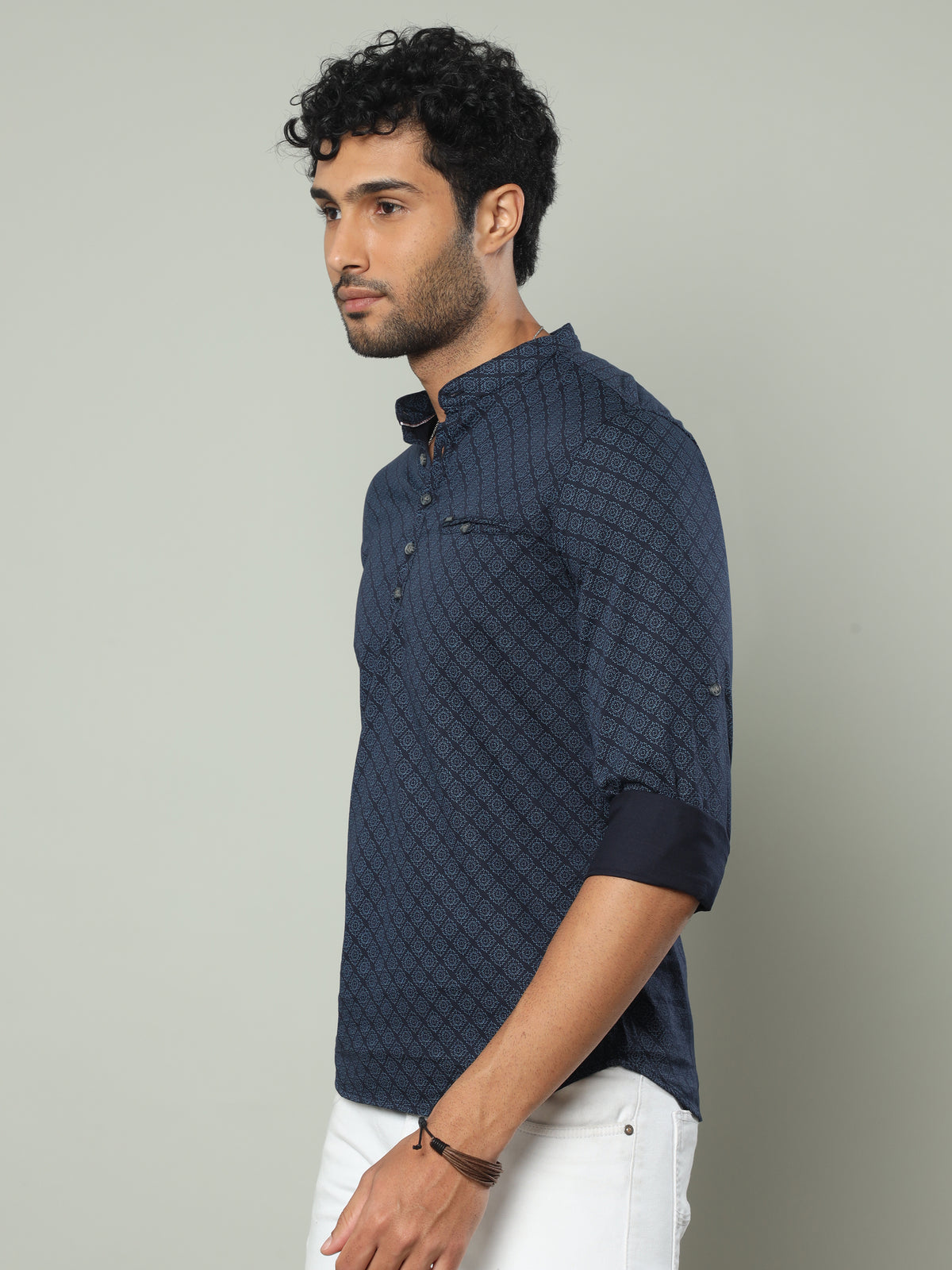 Shop Men's Blue Slim Fit Printed Full Sleeves Casual Kurta Shirts Online.