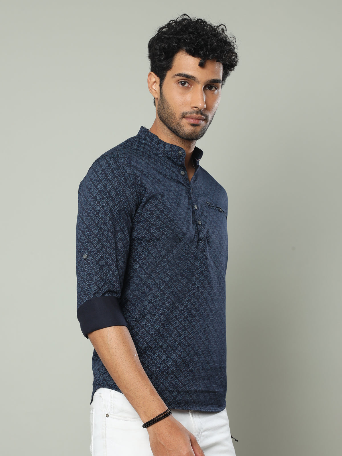 Shop Men's Blue Slim Fit Printed Full Sleeves Casual Kurta Shirts Online.