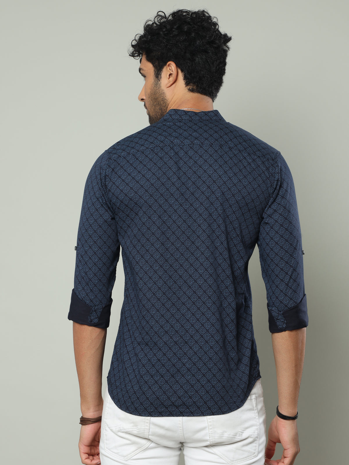 Men's Blue Slim Fit Printed Full Sleeves Casual Kurta Shirts