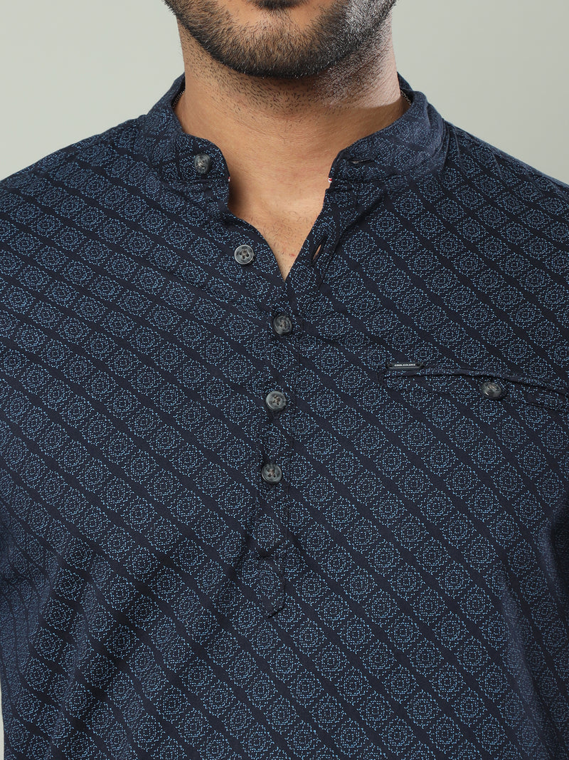 Shop Men's Blue Slim Fit Printed Full Sleeves Casual Kurta Shirts Online.