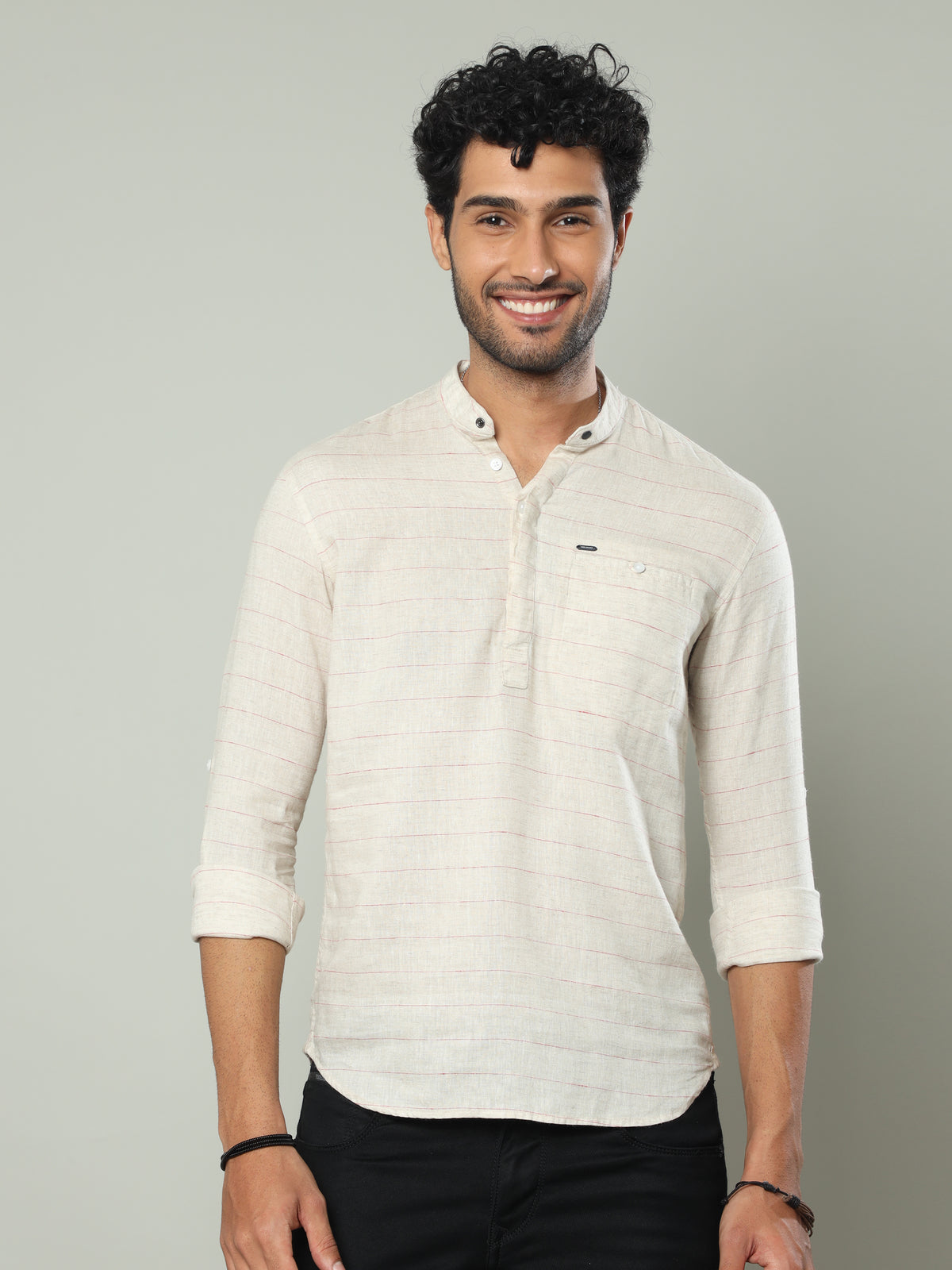 Shop Men's Beige Slim Fit Stripes Full Sleeve Linen Casual Kurta Shirts Online.