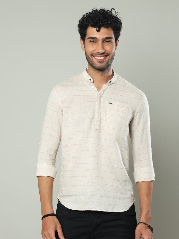 Men's Beige Slim Fit Stripes Full Sleeve Linen Casual Kurta Shirts