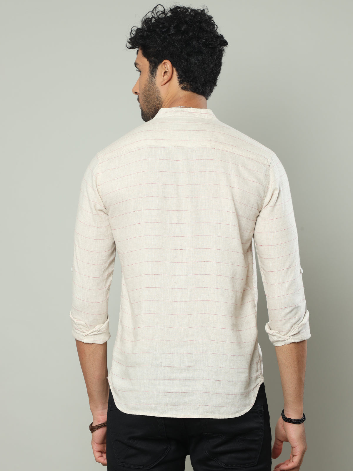 Men's Beige Slim Fit Stripes Full Sleeve Linen Casual Kurta Shirts