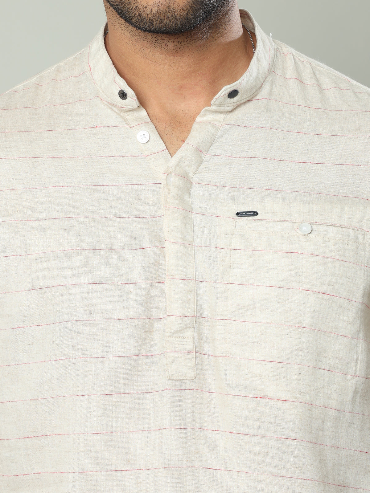 Men's Beige Slim Fit Stripes Full Sleeve Linen Casual Kurta Shirts