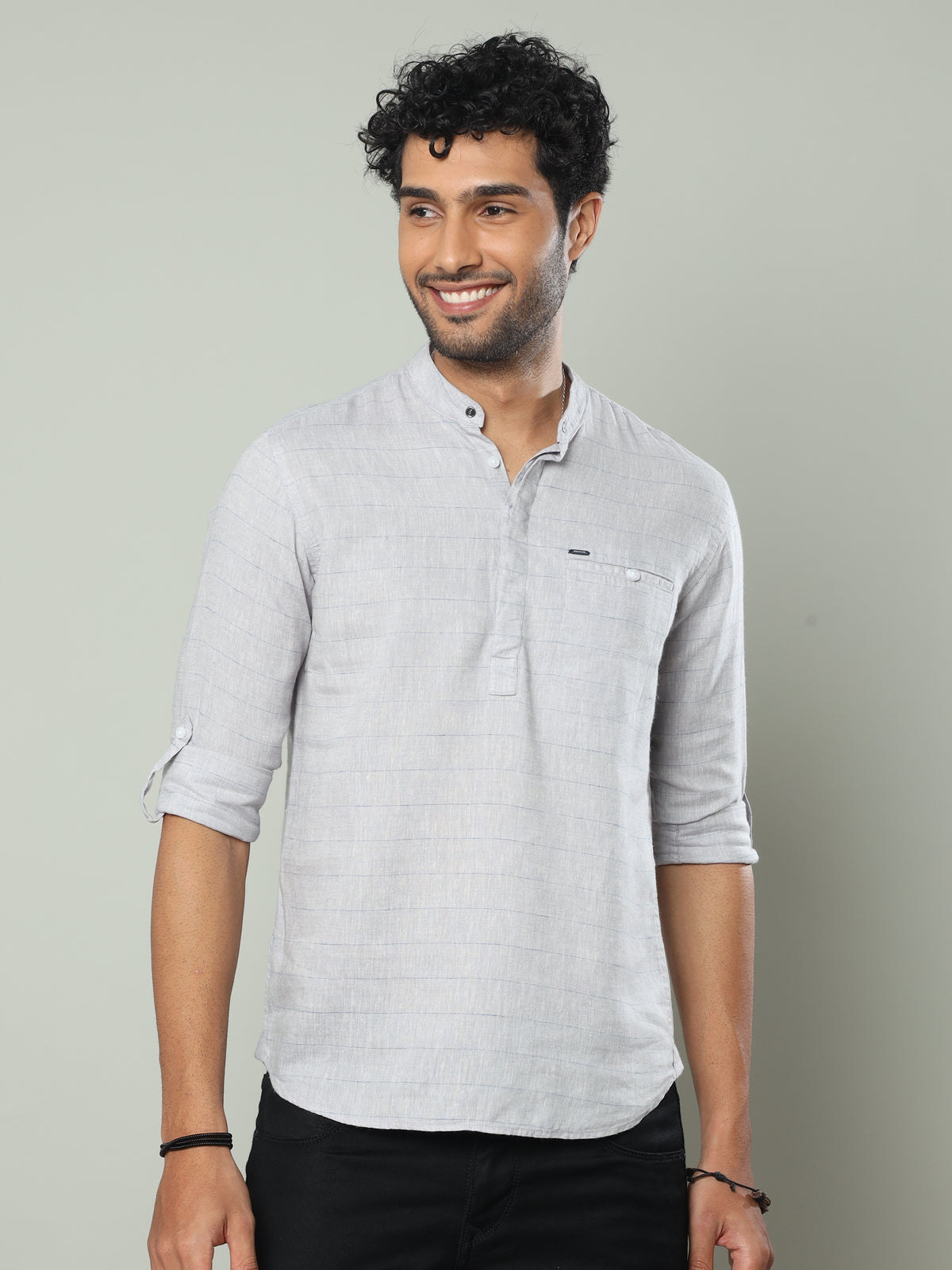 Men's Grey Slim Fit Stripes Full Sleeve Linen Casual Kurta Shirts
