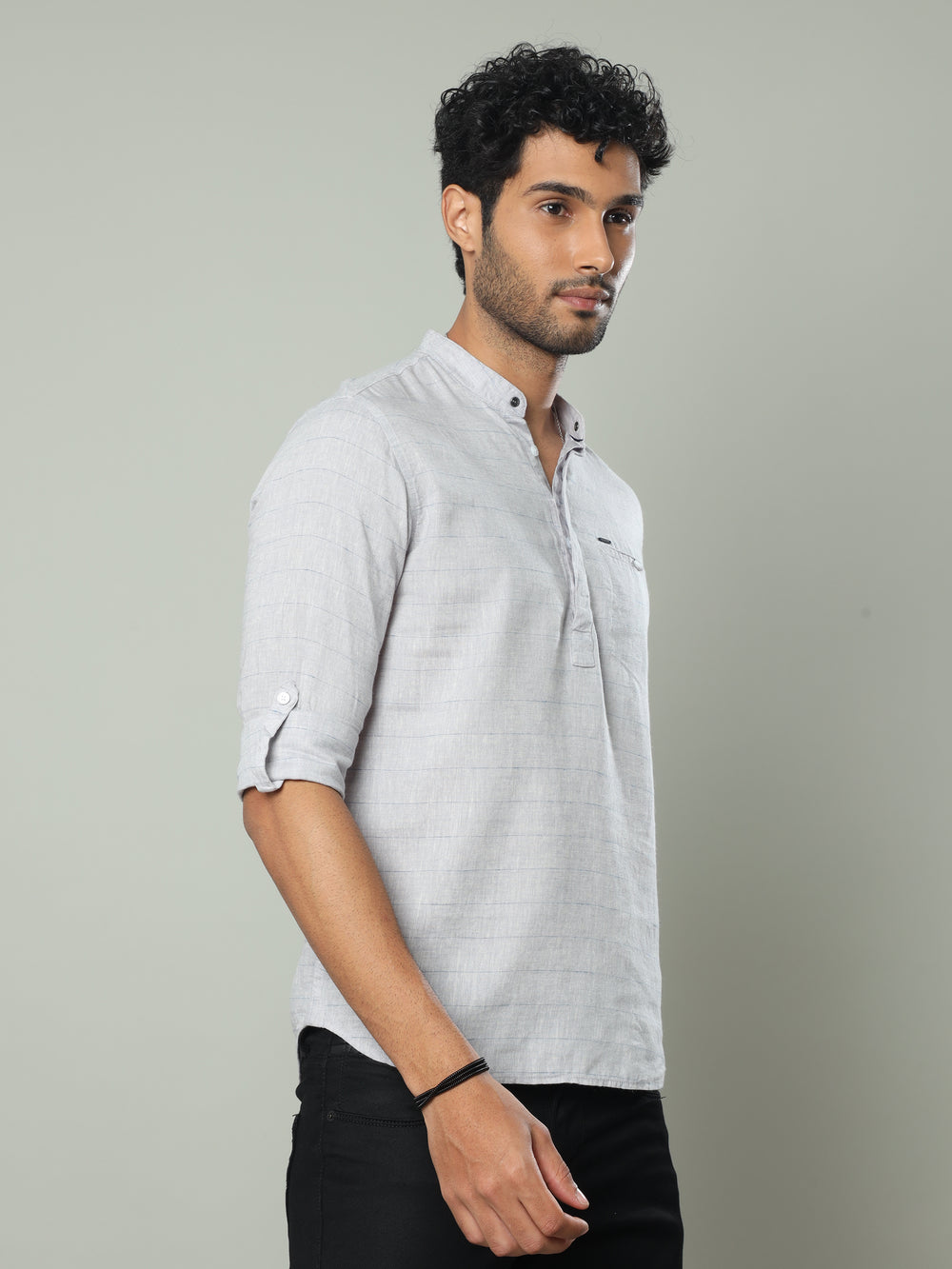Men's Grey Slim Fit Stripes Full Sleeve Linen Casual Kurta Shirts