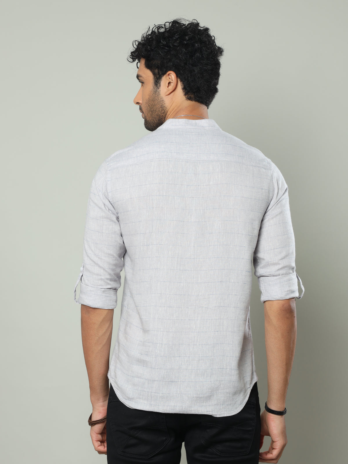 Men's Grey Slim Fit Stripes Full Sleeve Linen Casual Kurta Shirts