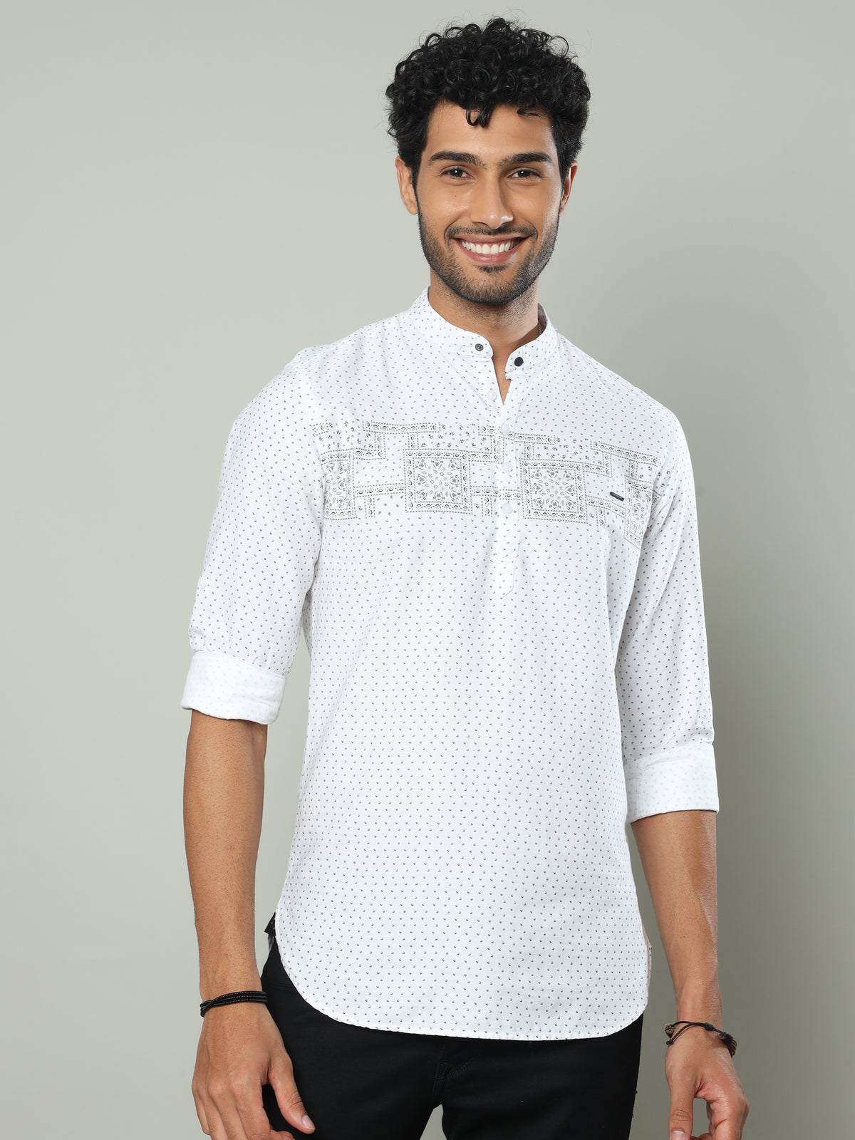 Shop Men's White Slim Fit Full Sleeve Printed Kurta Shirt Online.