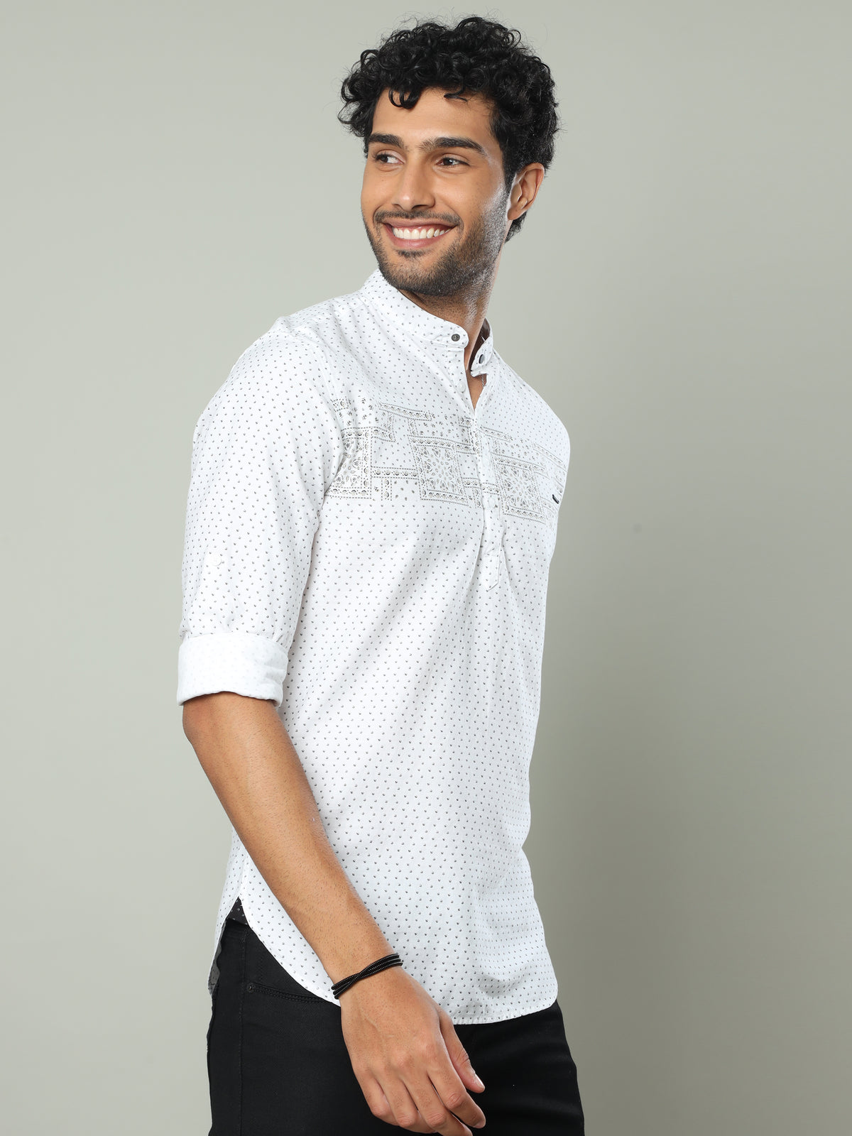 Shop Men's White Slim Fit Full Sleeve Printed Kurta Shirt Online.