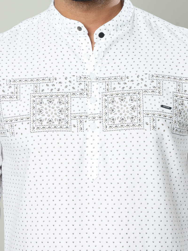 Shop Men's White Slim Fit Full Sleeve Printed Kurta Shirt Online.