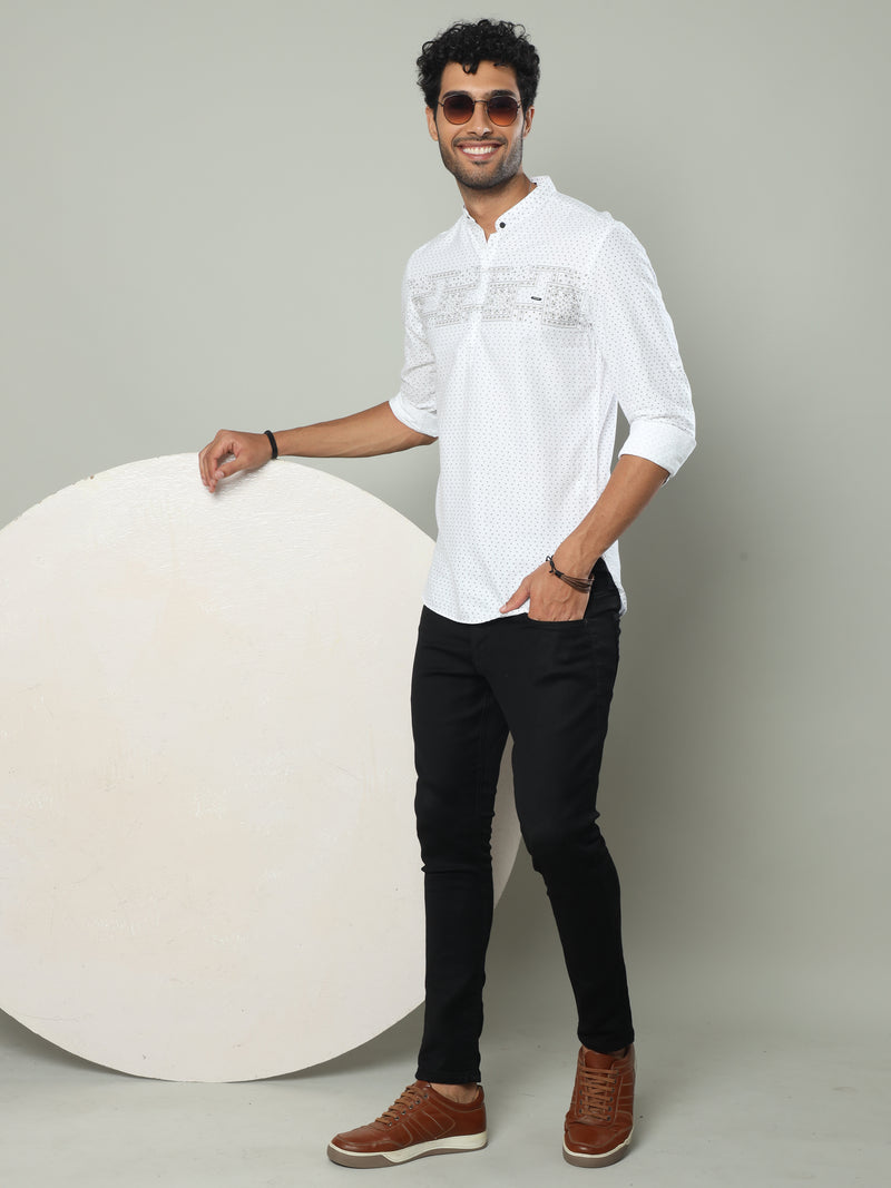 Shop Men's White Slim Fit Full Sleeve Printed Kurta Shirt Online.