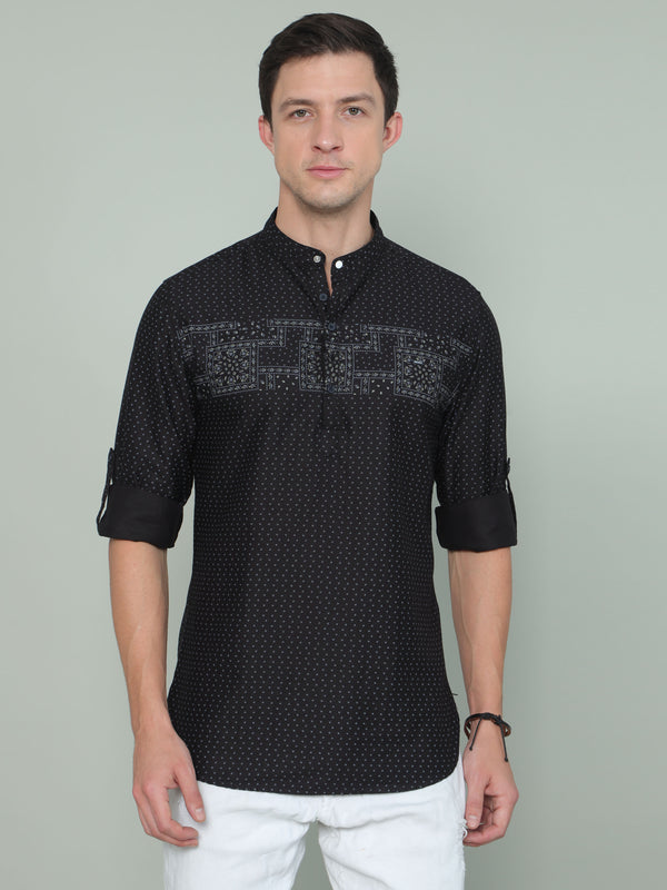 Men's Black Slim Fit Printed Full Sleeves Casual Kurta Shirt