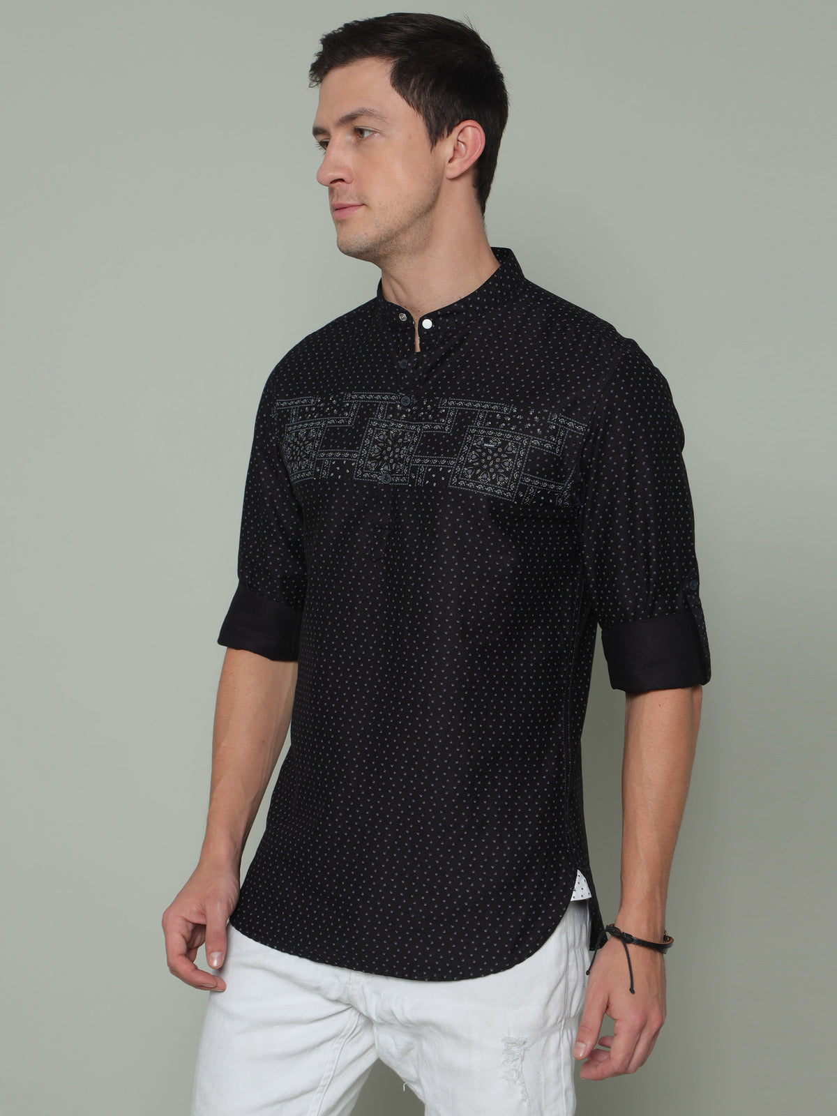 Men's Black Slim Fit Printed Full Sleeves Casual Kurta Shirt