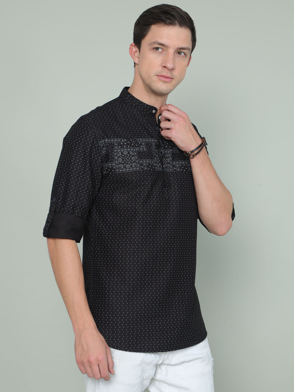 Men's Black Slim Fit Printed Full Sleeves Casual Kurta Shirt