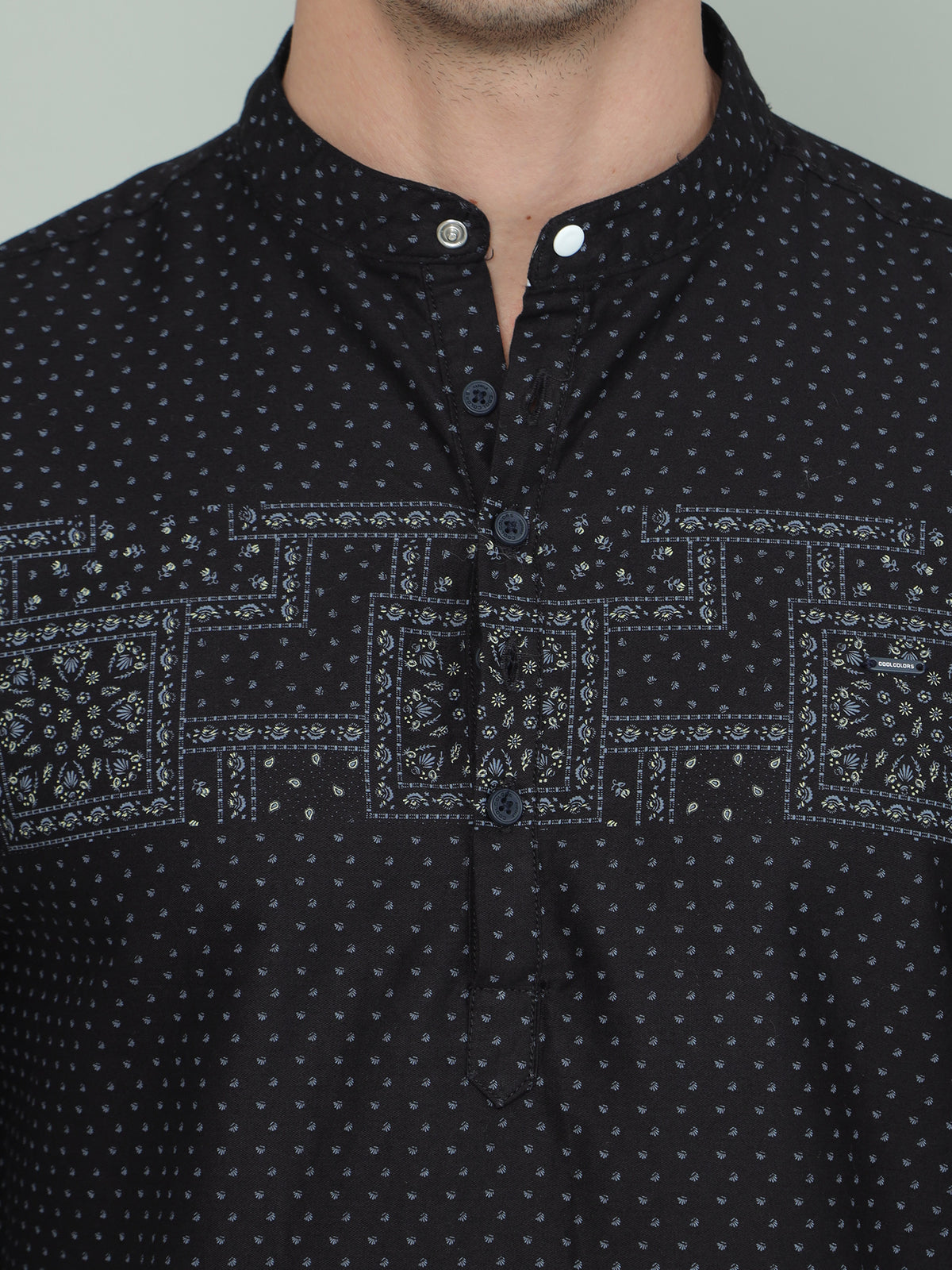 Men's Black Slim Fit Printed Full Sleeves Casual Kurta Shirt