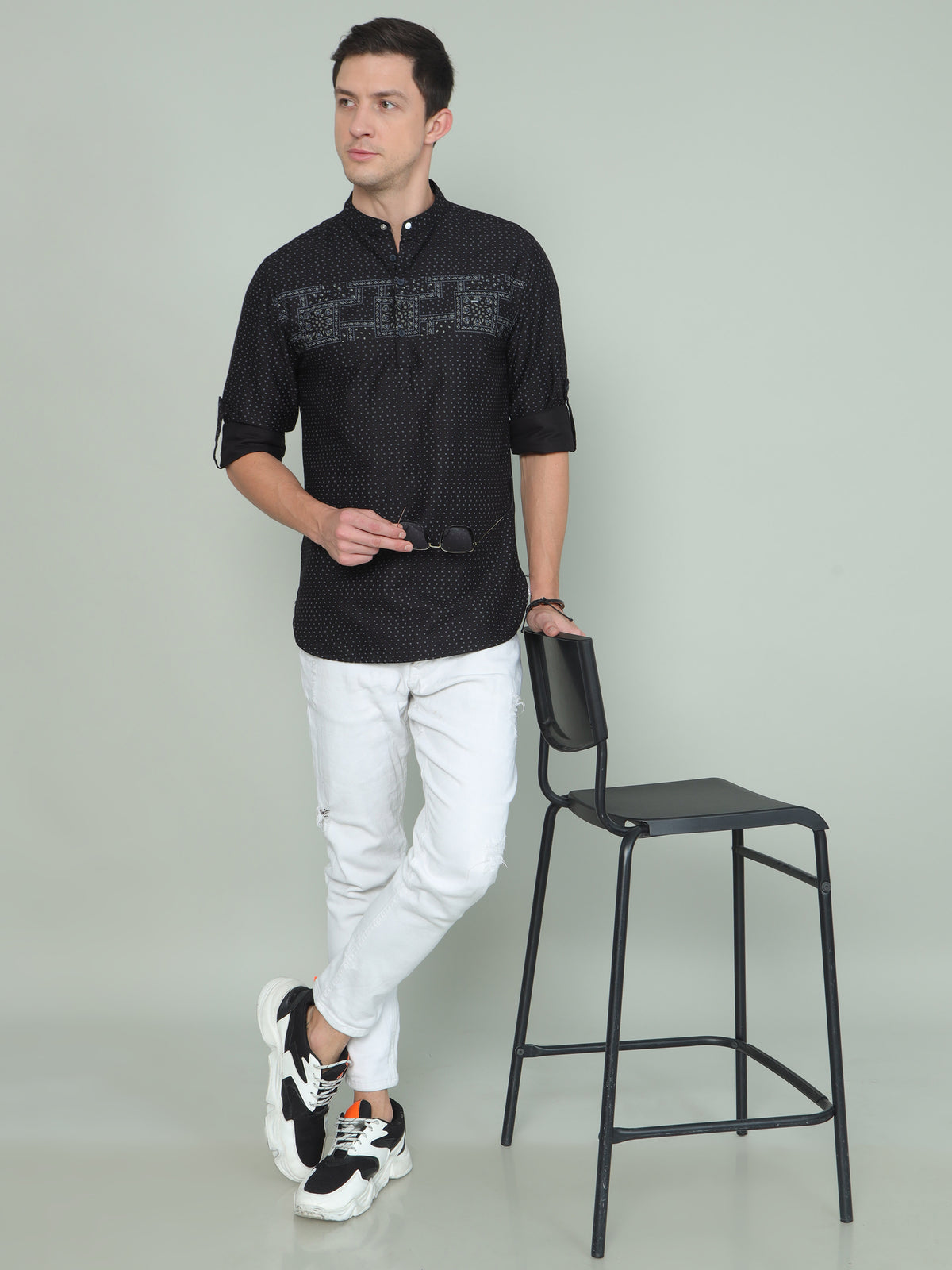 Men's Black Slim Fit Printed Full Sleeves Casual Kurta Shirt