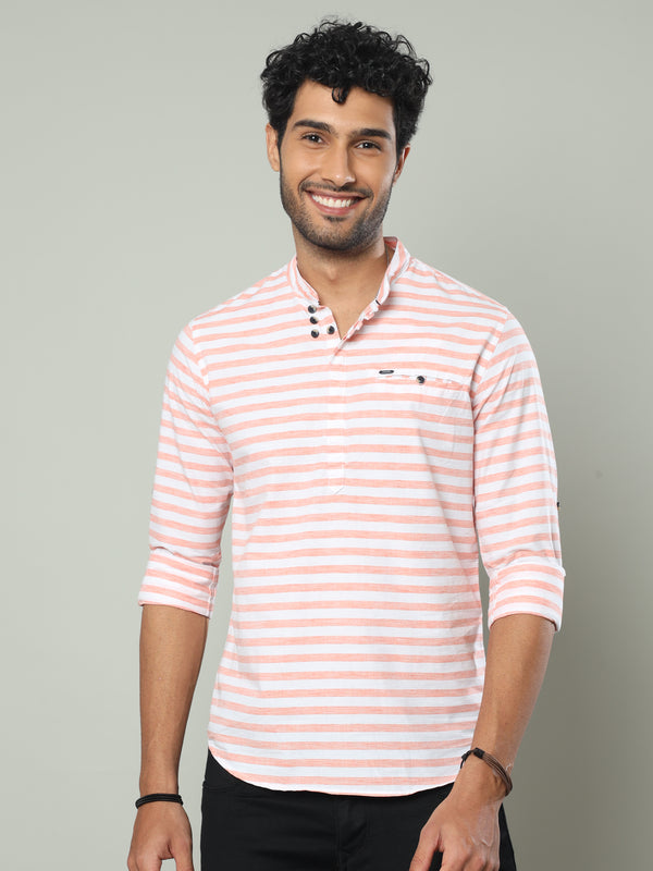 Men's Orange Slim Fit Stripe Full Sleeve Casual Kurta Shirts