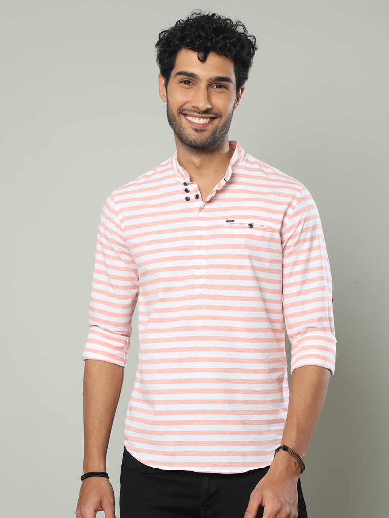 Shop Men's Orange Slim Fit Stripe Casual Kurta Shirts Online.