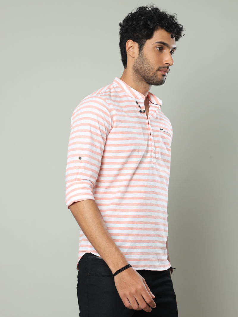 Shop Men's Orange Slim Fit Stripe Casual Kurta Shirts Online.