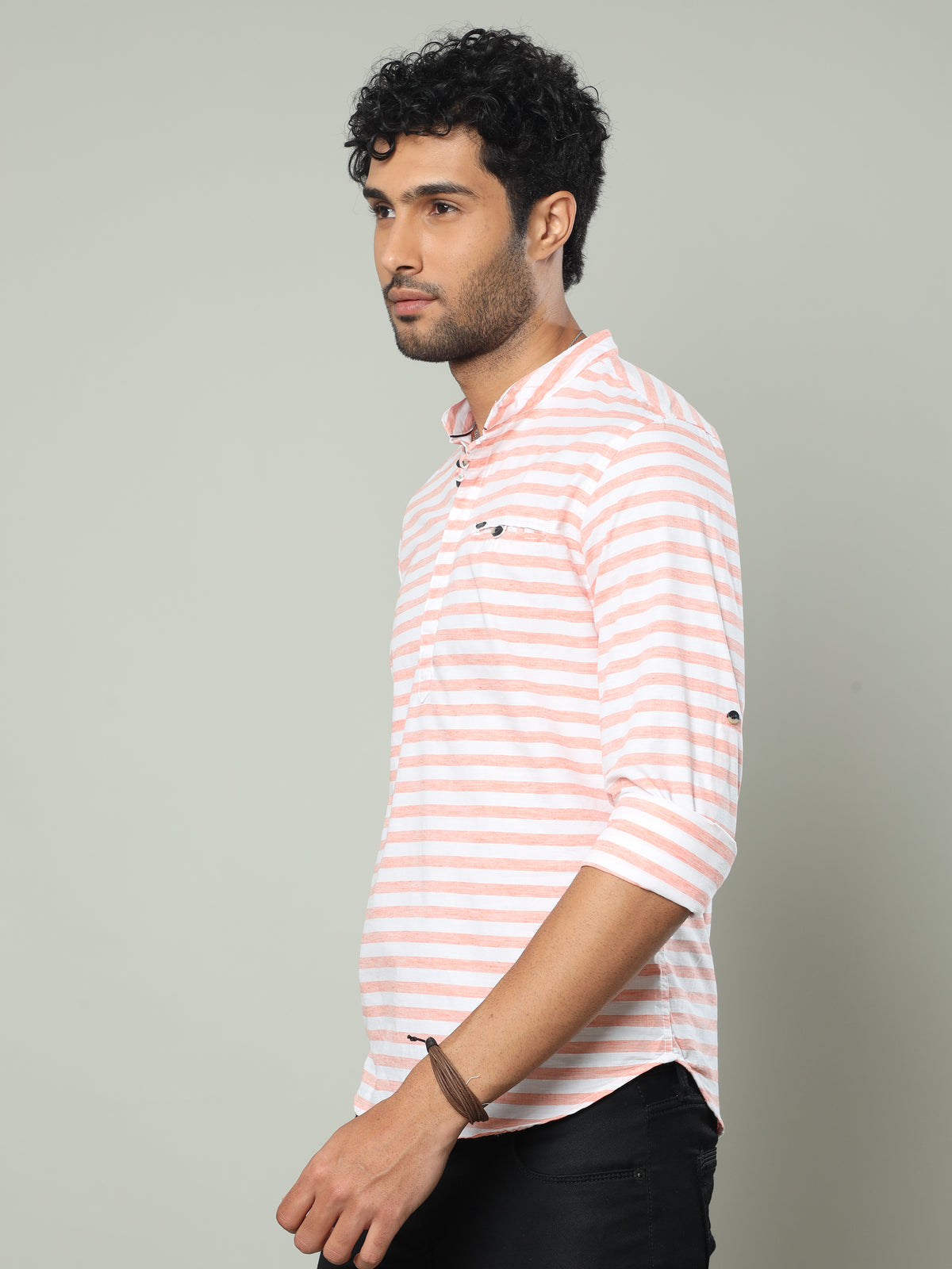 Shop Men's Orange Slim Fit Stripe Casual Kurta Shirts Online.