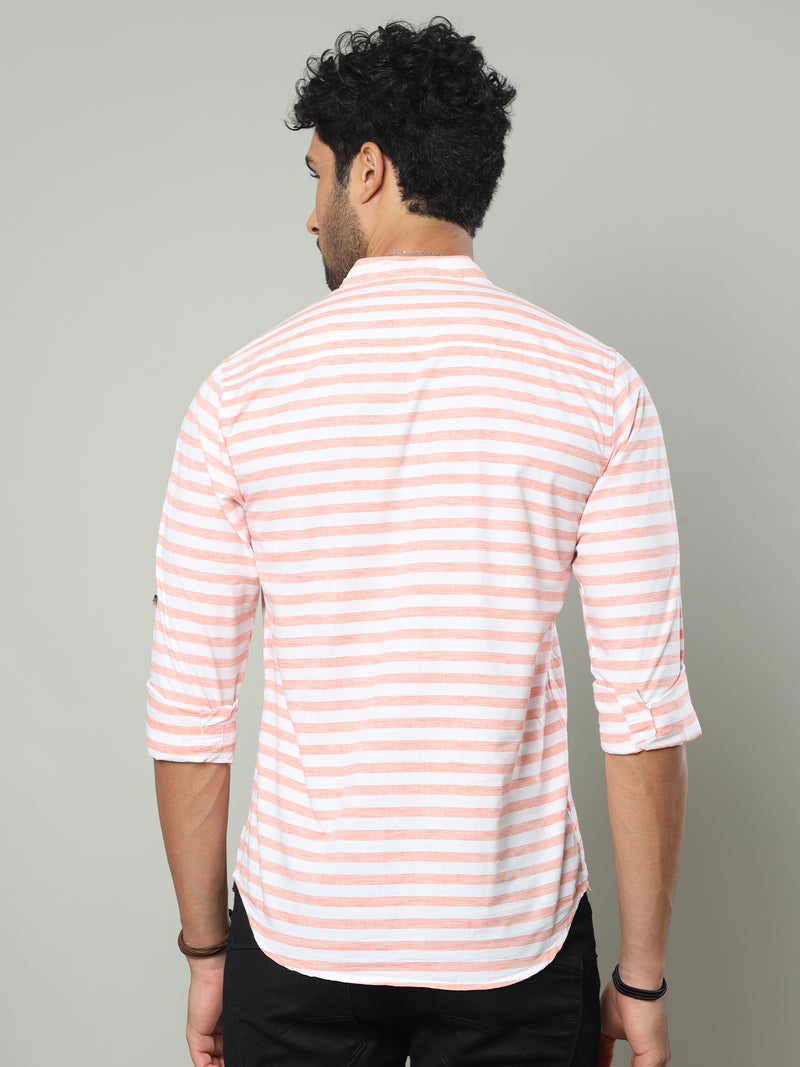 Shop Men's Orange Slim Fit Stripe Casual Kurta Shirts Online.