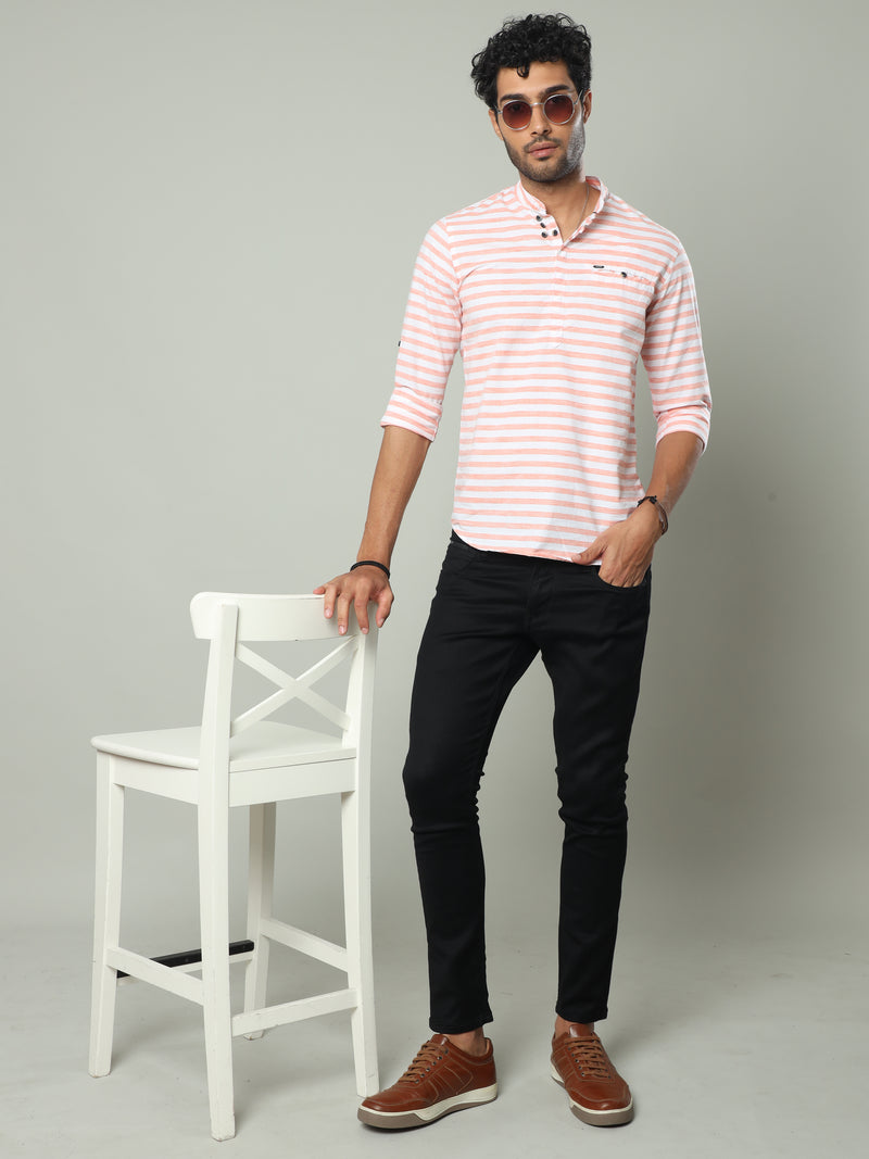 Shop Men's Orange Slim Fit Stripe Casual Kurta Shirts Online.