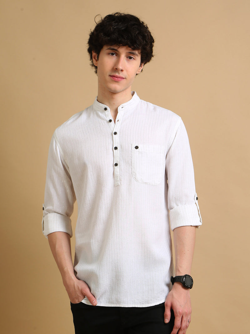 Men White Slim Fit Solid Stripes Full Sleeve Casual Kurta Shirt