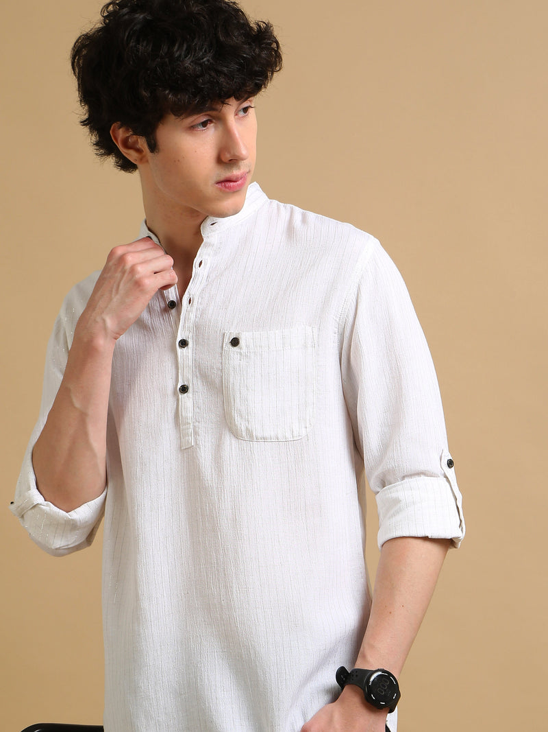 Men White Slim Fit Solid Stripes Full Sleeve Casual Kurta Shirt