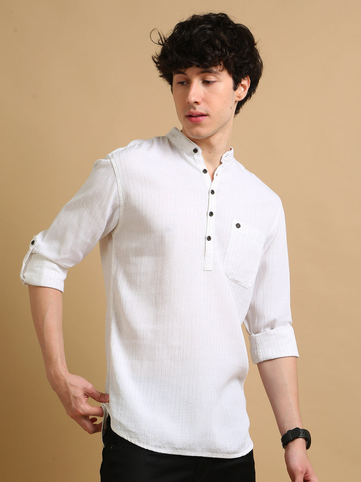 Men White Slim Fit Solid Stripes Full Sleeve Casual Kurta Shirt