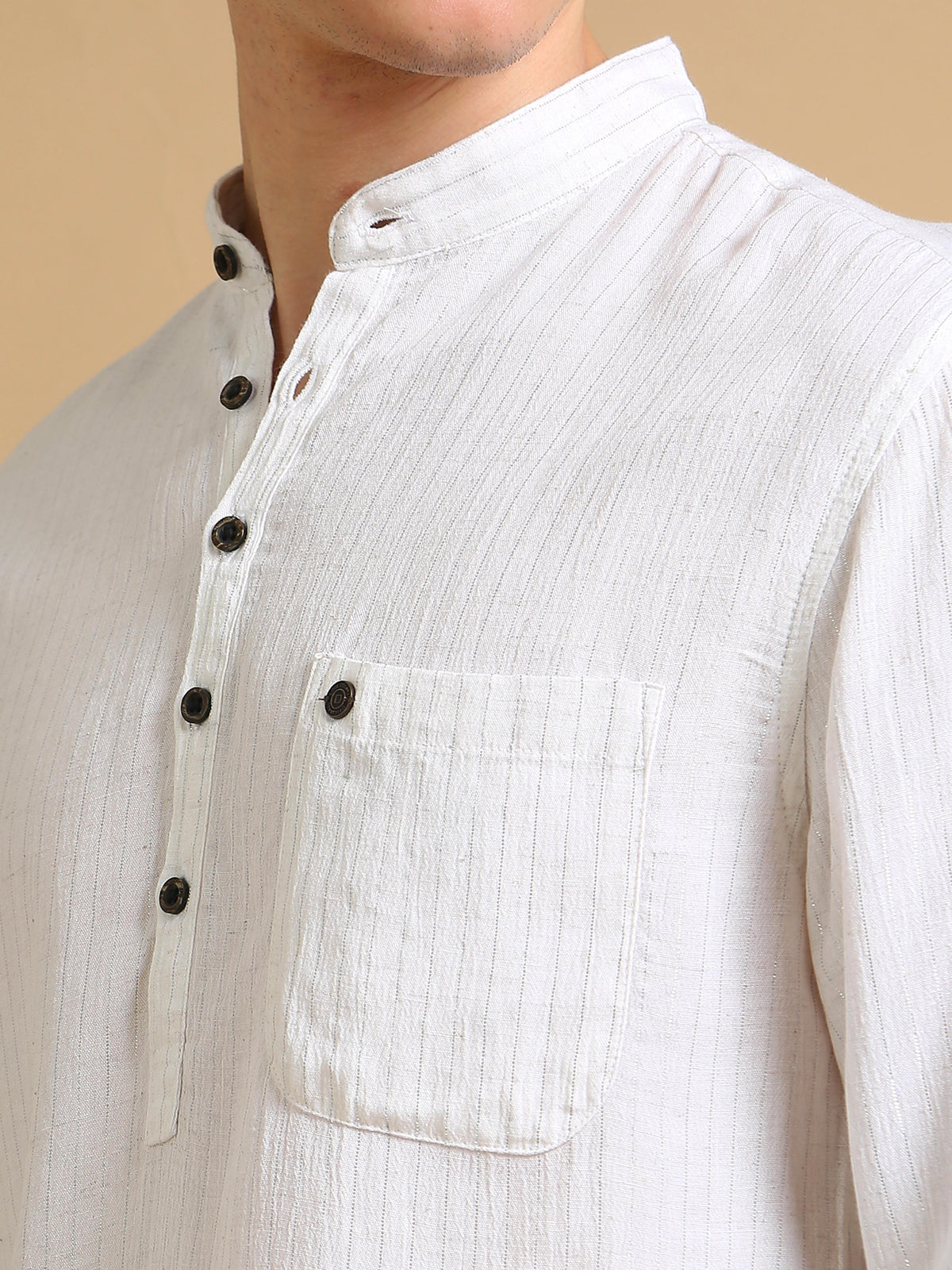 Men White Slim Fit Solid Stripes Full Sleeve Casual Kurta Shirt