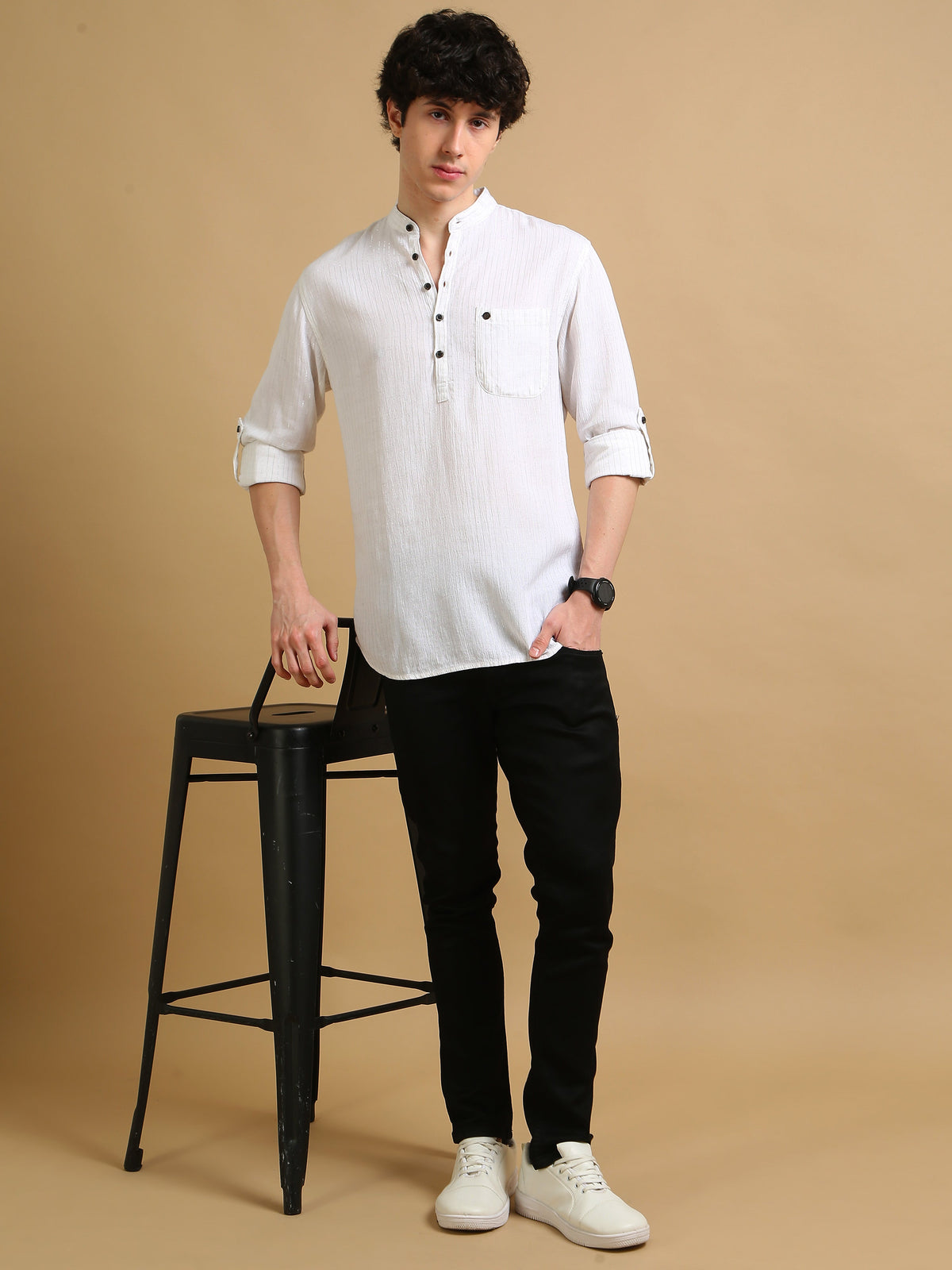 Men White Slim Fit Solid Stripes Full Sleeve Casual Kurta Shirt