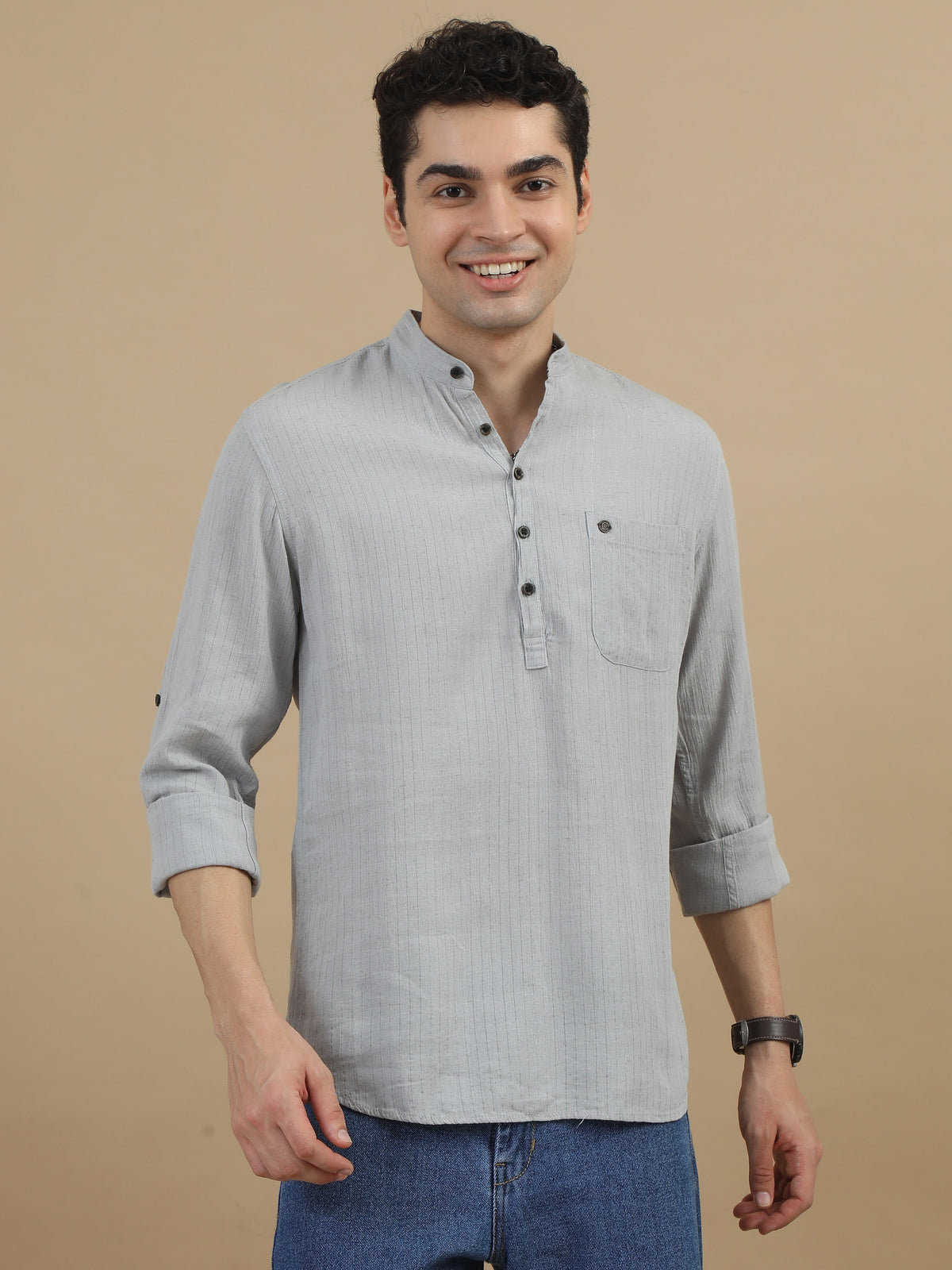 Men Light Grey  Slim Fit Solid Stripes Full Sleeve Casual Kurta Shirt