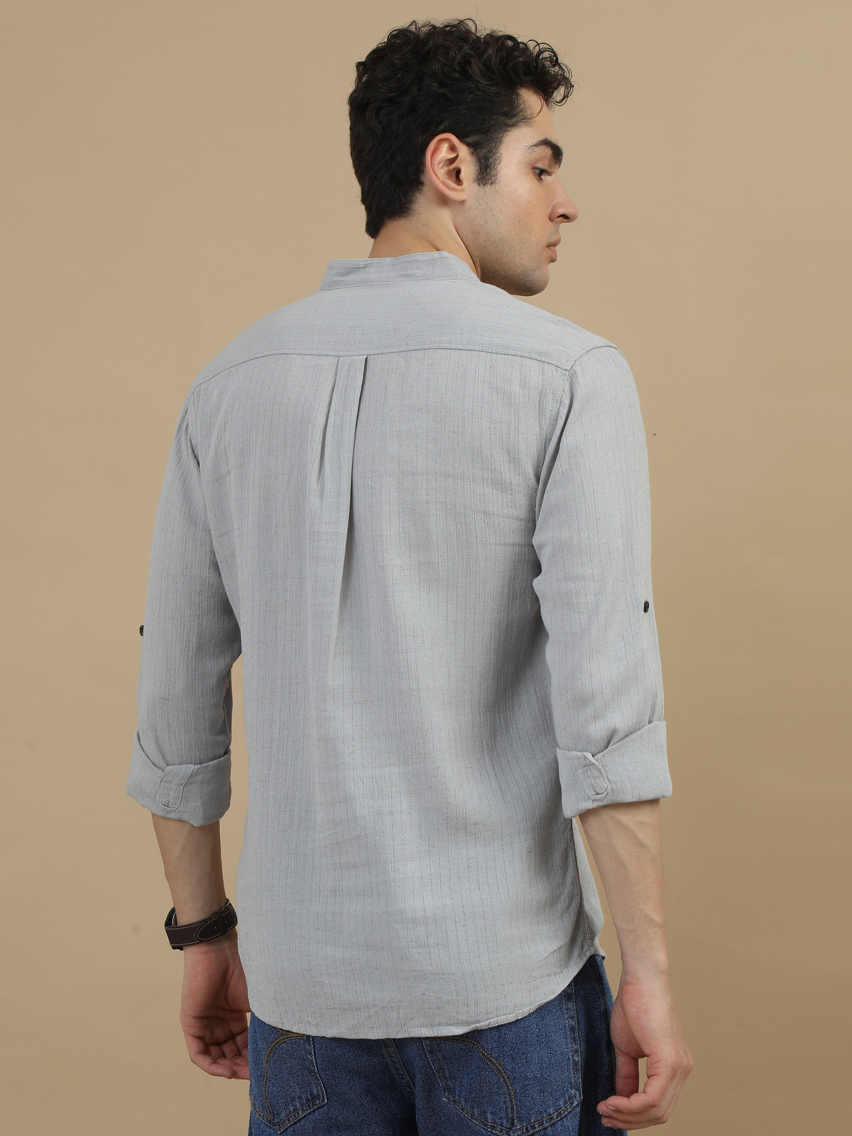 Men Light Grey  Slim Fit Solid Stripes Full Sleeve Casual Kurta Shirt