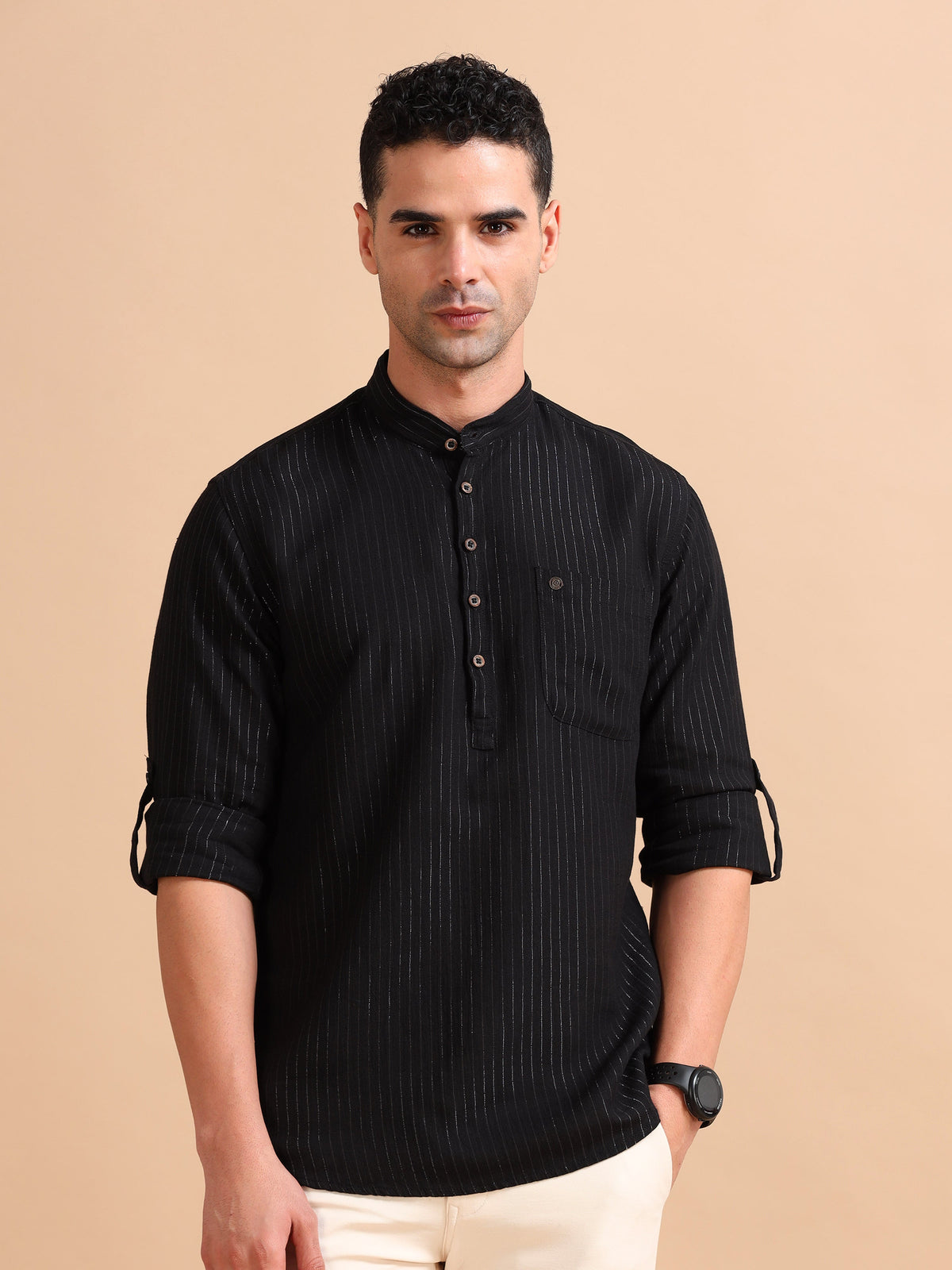 Men Black Slim Fit Solid Stripes Full Sleeve Casual Kurta Shirt