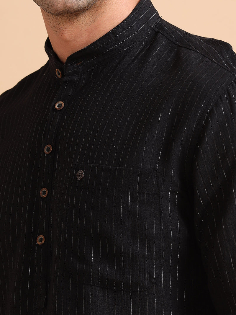 Men Black Slim Fit Solid Stripes Full Sleeve Casual Kurta Shirt