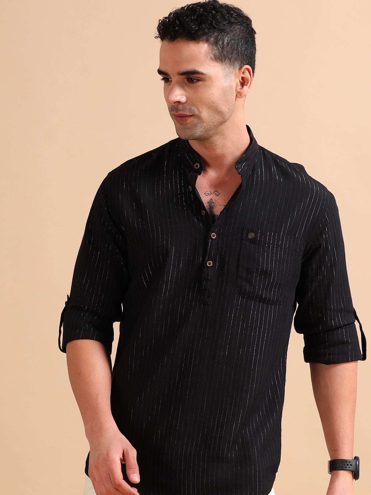 Men Black Slim Fit Solid Stripes Full Sleeve Casual Kurta Shirt