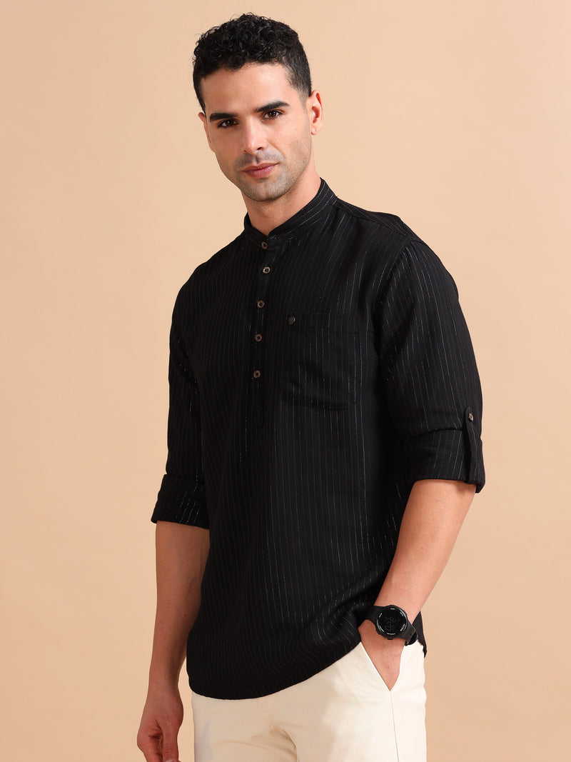 Men Black Slim Fit Solid Stripes Full Sleeve Casual Kurta Shirt