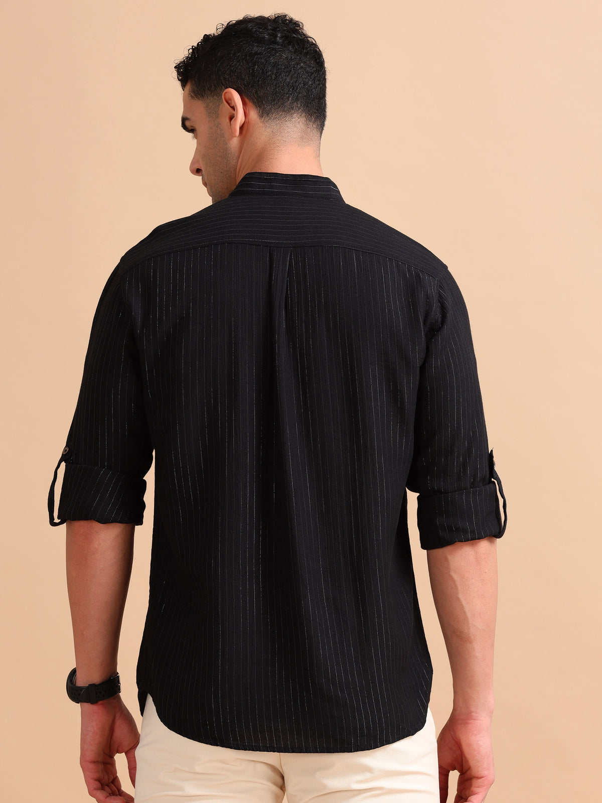 Men Black Slim Fit Solid Stripes Full Sleeve Casual Kurta Shirt