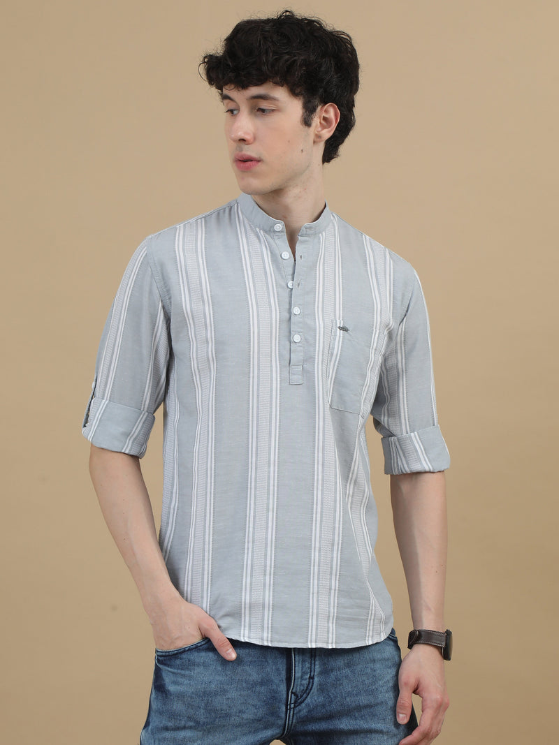 Men Light Grey Slim Fit Stripes Full Sleeve Casual Kurta Shirt