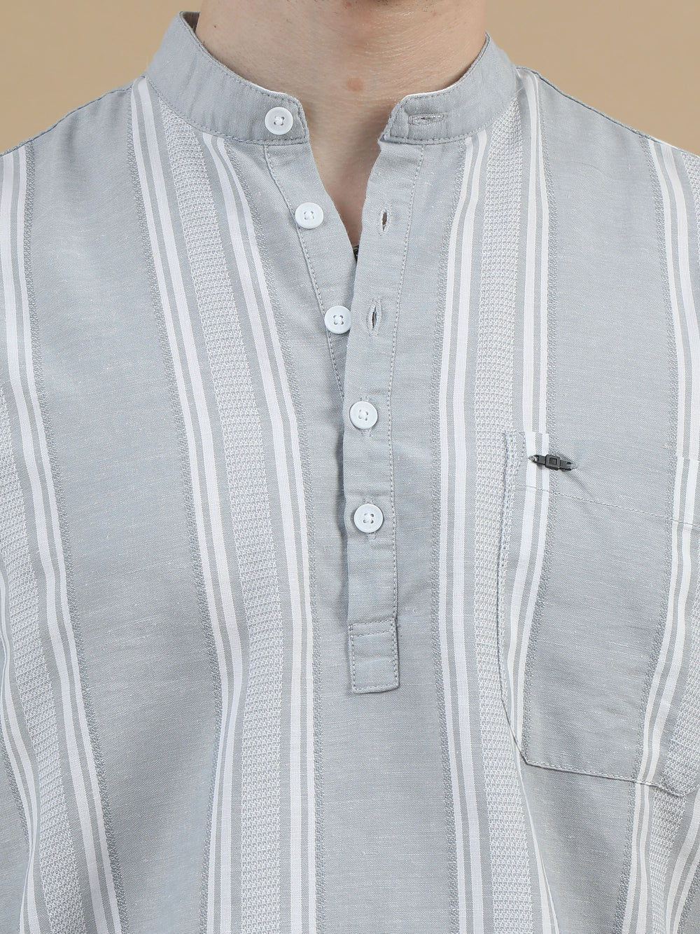 Men Light Grey Slim Fit Stripes Full Sleeve Casual Kurta Shirt