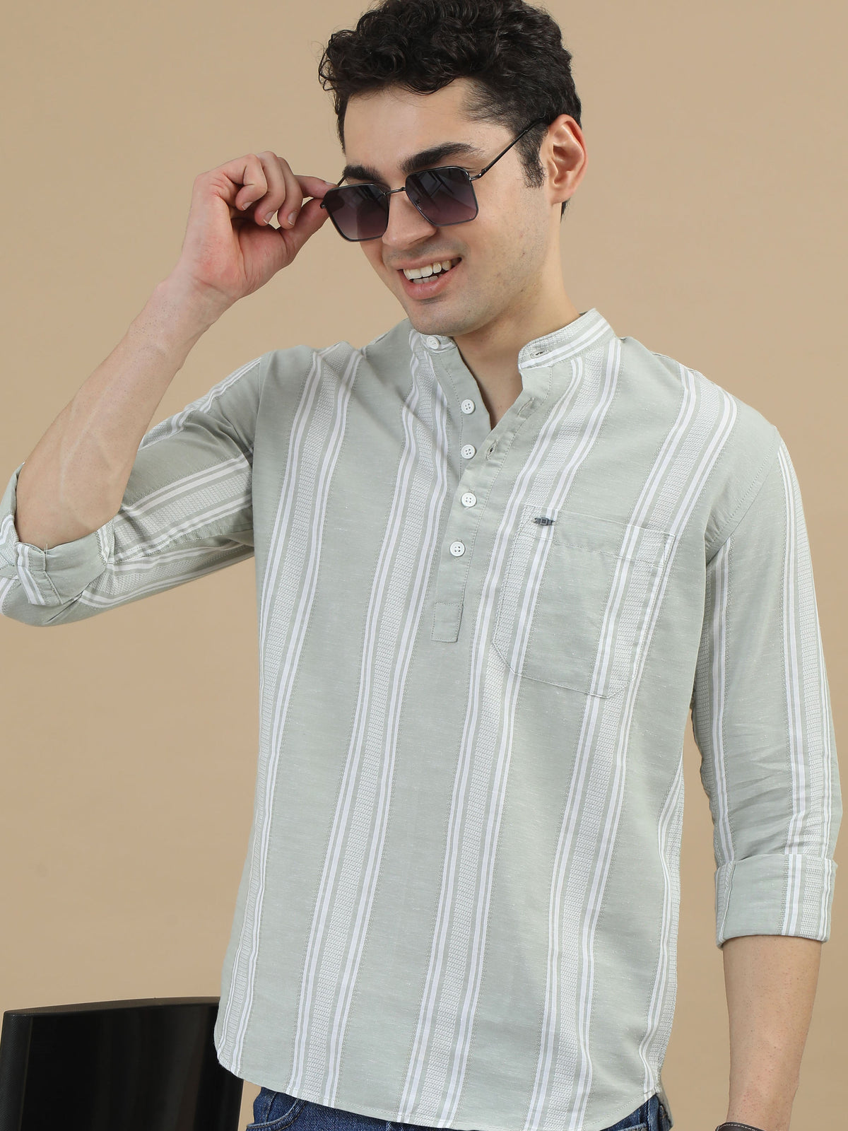 Men Light Green Slim Fit Stripes Full Sleeve Casual Kurta Shirt