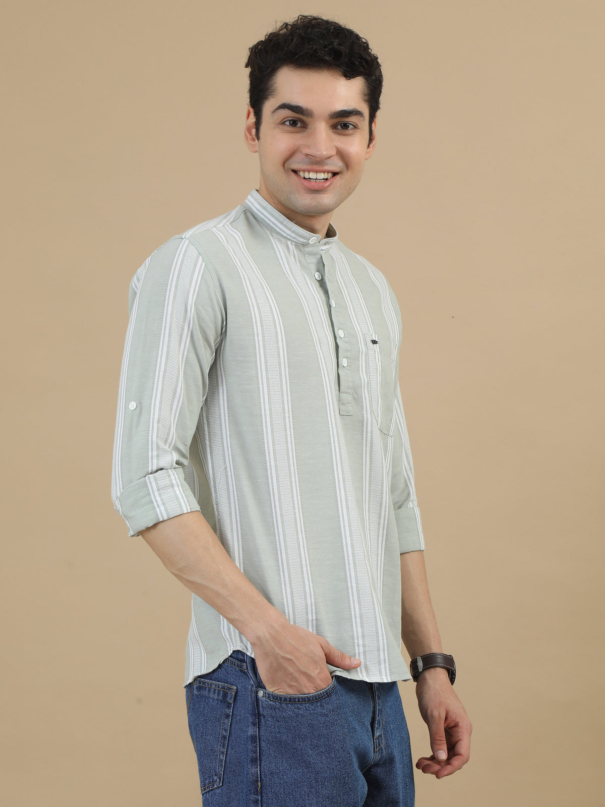 Men Light Green Slim Fit Stripes Full Sleeve Casual Kurta Shirt