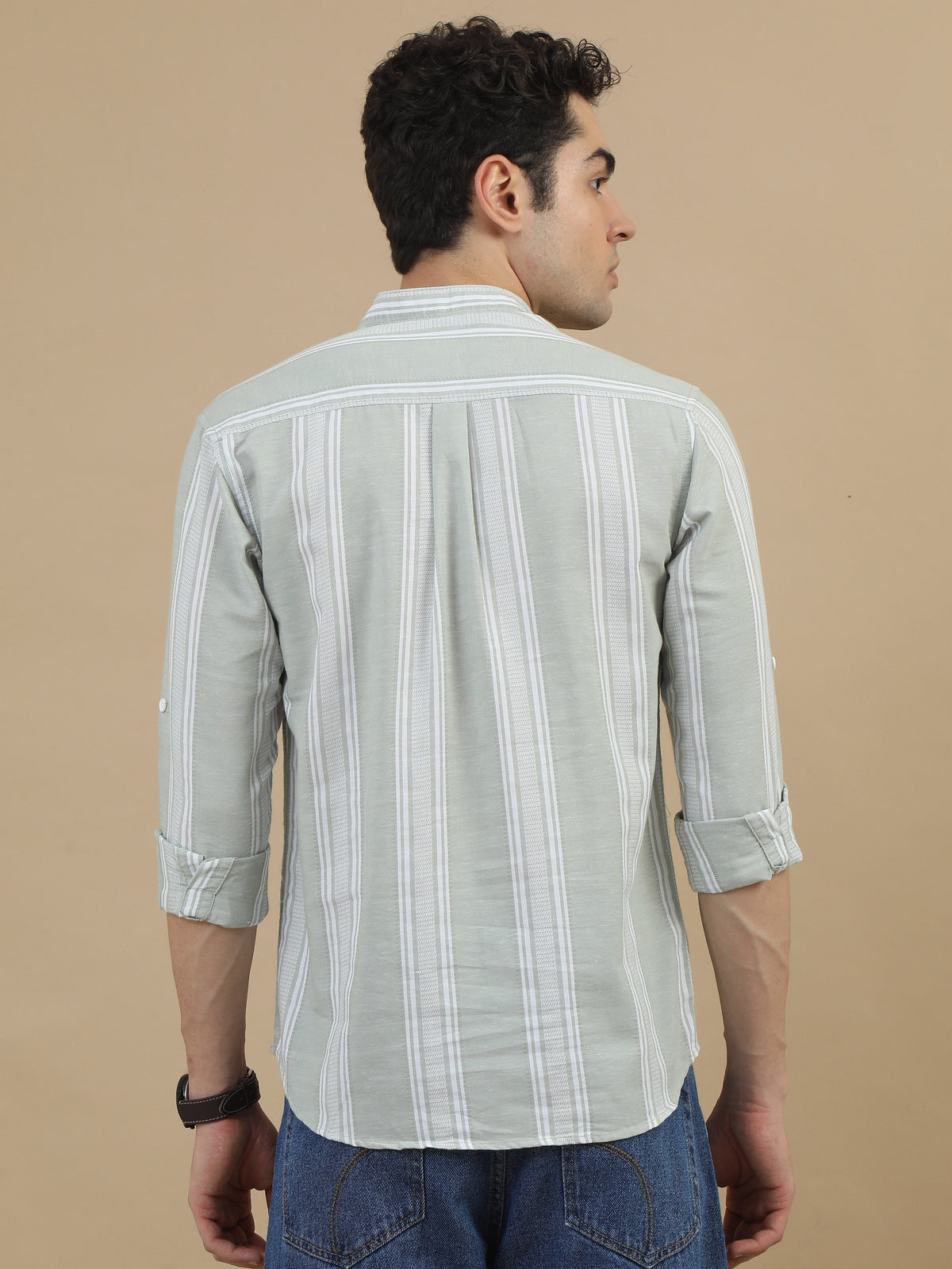 Men Light Green Slim Fit Stripes Full Sleeve Casual Kurta Shirt