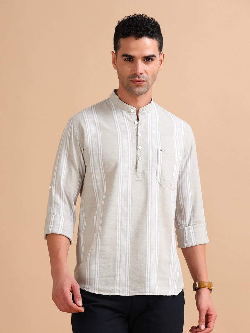 Men Beige Slim Fit Stripes Full Sleeve Casual Kurta Shirt