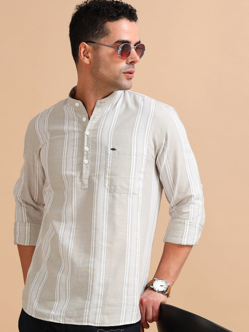 Men Beige Slim Fit Stripes Full Sleeve Casual Kurta Shirt