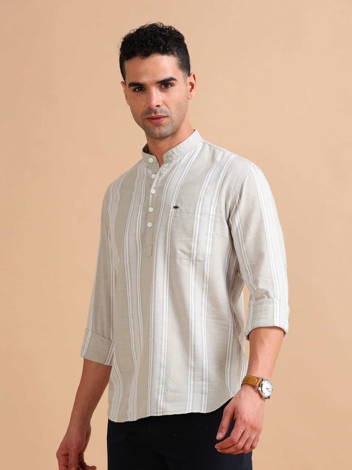 Men Beige Slim Fit Stripes Full Sleeve Casual Kurta Shirt