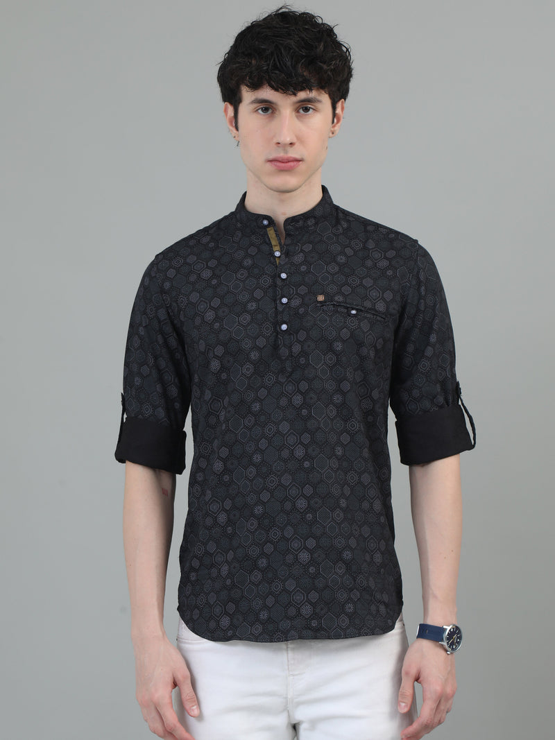 Men Black Slim Fit Printed Full Sleeve Casual Kurta Shirt