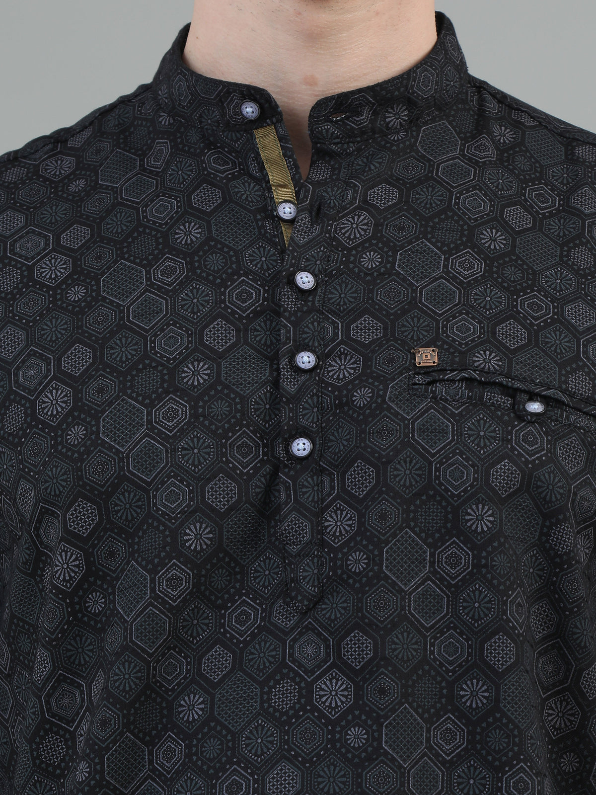 Men Black Slim Fit Printed Full Sleeve Casual Kurta Shirt